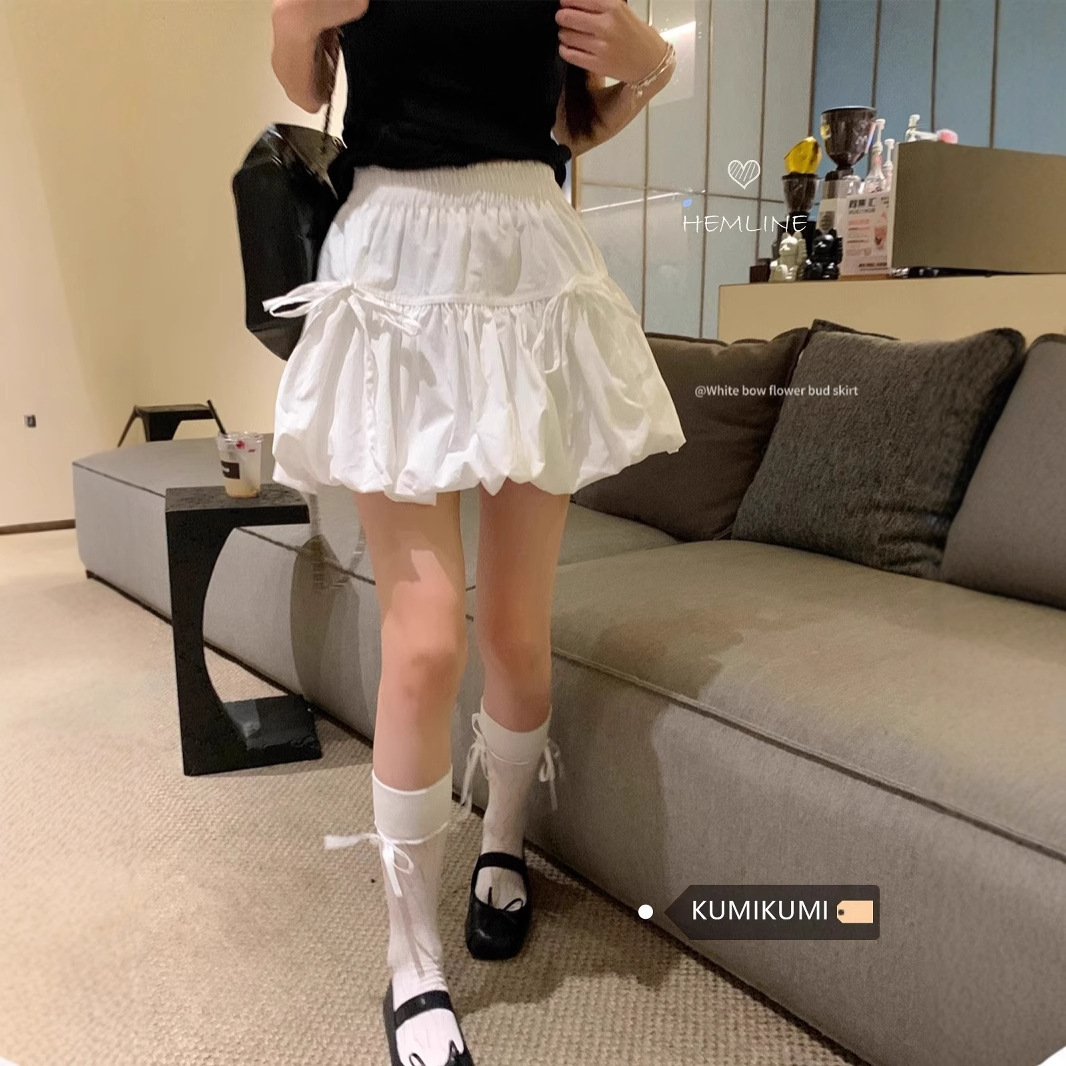 Design Sense Bow Strap Poncho Skirt White Skirt Women's Summer Sweet Style A- line Short Skirt Flower Bud Skirt
