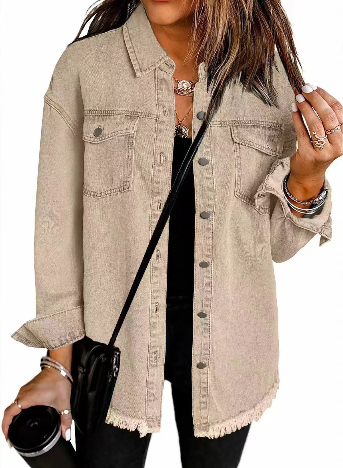 Picture of 2025 European and American Cross-Border Sales Amazon Standing New Raw Edge Denim Casual Loose Jacket Shirt