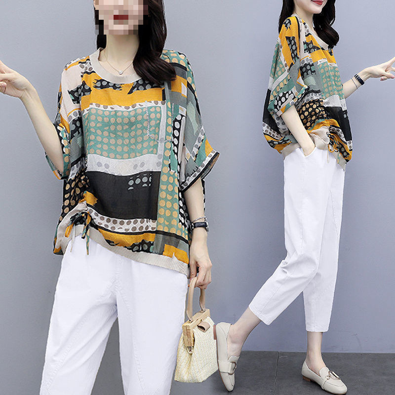 Cross-border plus size Women's Printed suit Women's 2024 Season New Casual Fashion Western Style Loose Two-piece Set Hugh Trend