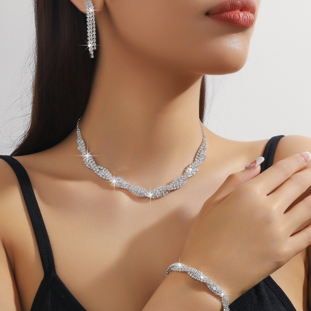 Jewelry Set with Diamonds, Necklace and Earrings, Three-Piece Set for Wedding and Evening Events, Wedding Dress Accessories, Jewelry, Chanel Style