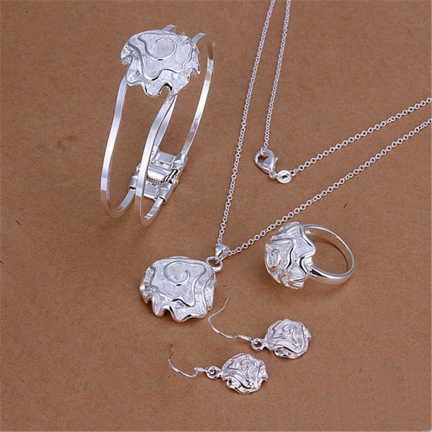 AliExpress WISH hot products 925 silver plated rose necklace bracelet earrings ring four-piece set in stock S243