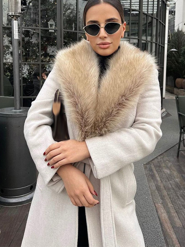 Woolen Collar Long Woolen Coat 2024 European and American Cross-border Winter New Elegant Elegant Woolen Collar Long Coat
