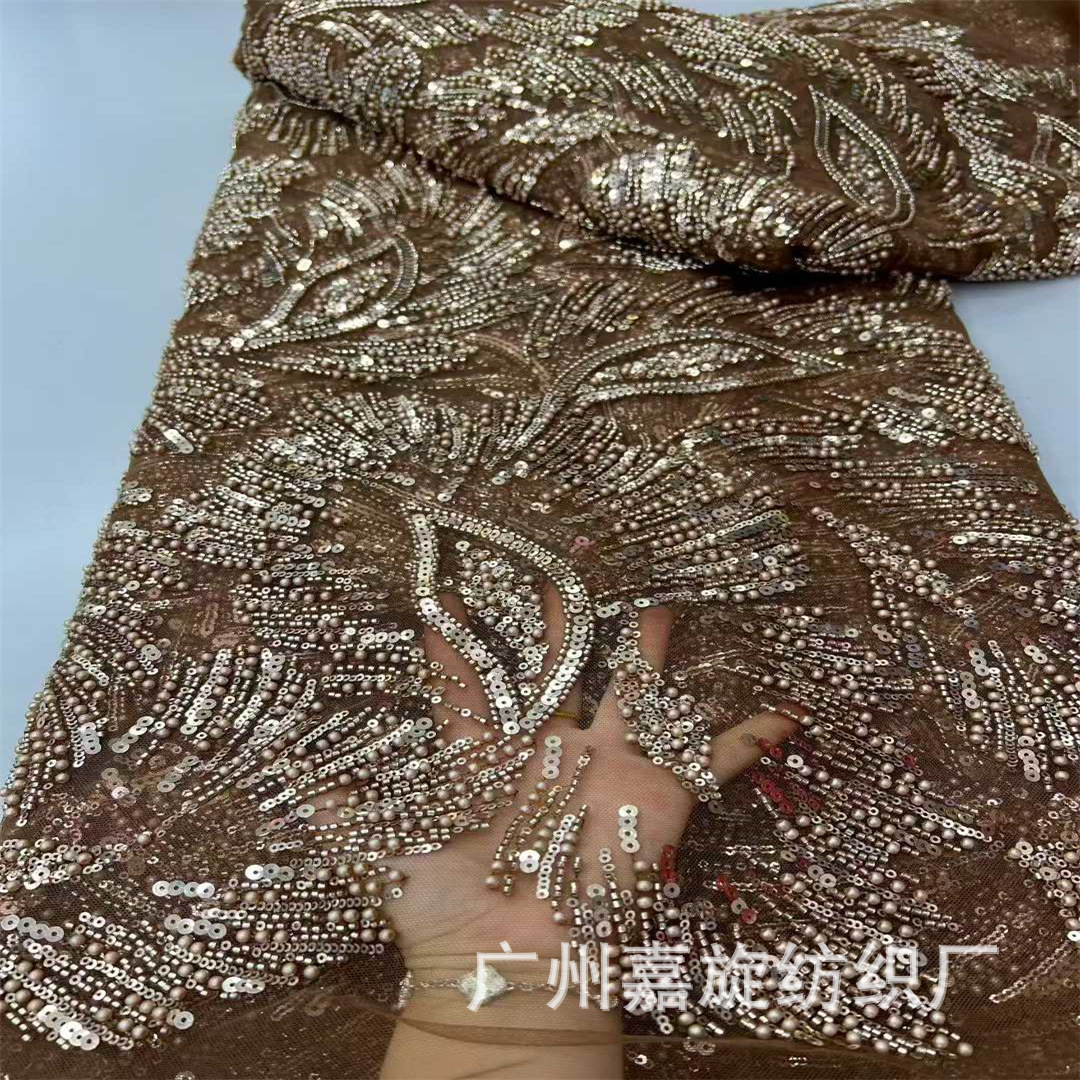 Spring and summer full edition of large leaf bead tube sequin fabric European and American wedding dresses dresses lace lace embroidered fabric