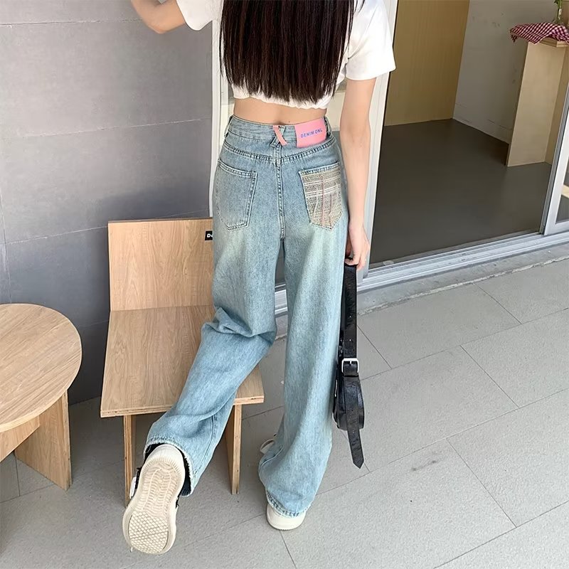 Vintage American Style Straight Leg Wide Leg Jeans Women's High Waist Spring and Autumn New Style Fashionable Loose High Dipped Pants