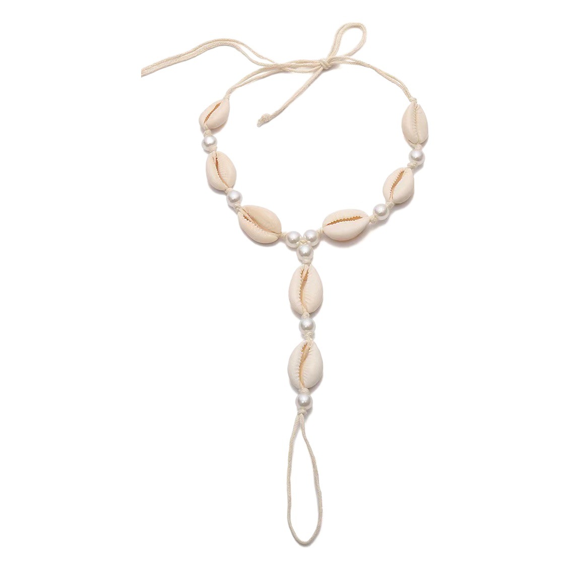 European and American Cross-border Jewelry Ethnic-style Handmade Shell Pearl Finger-linked Foot Chain for Women Simple Beach Woven Foot Decoration for Women