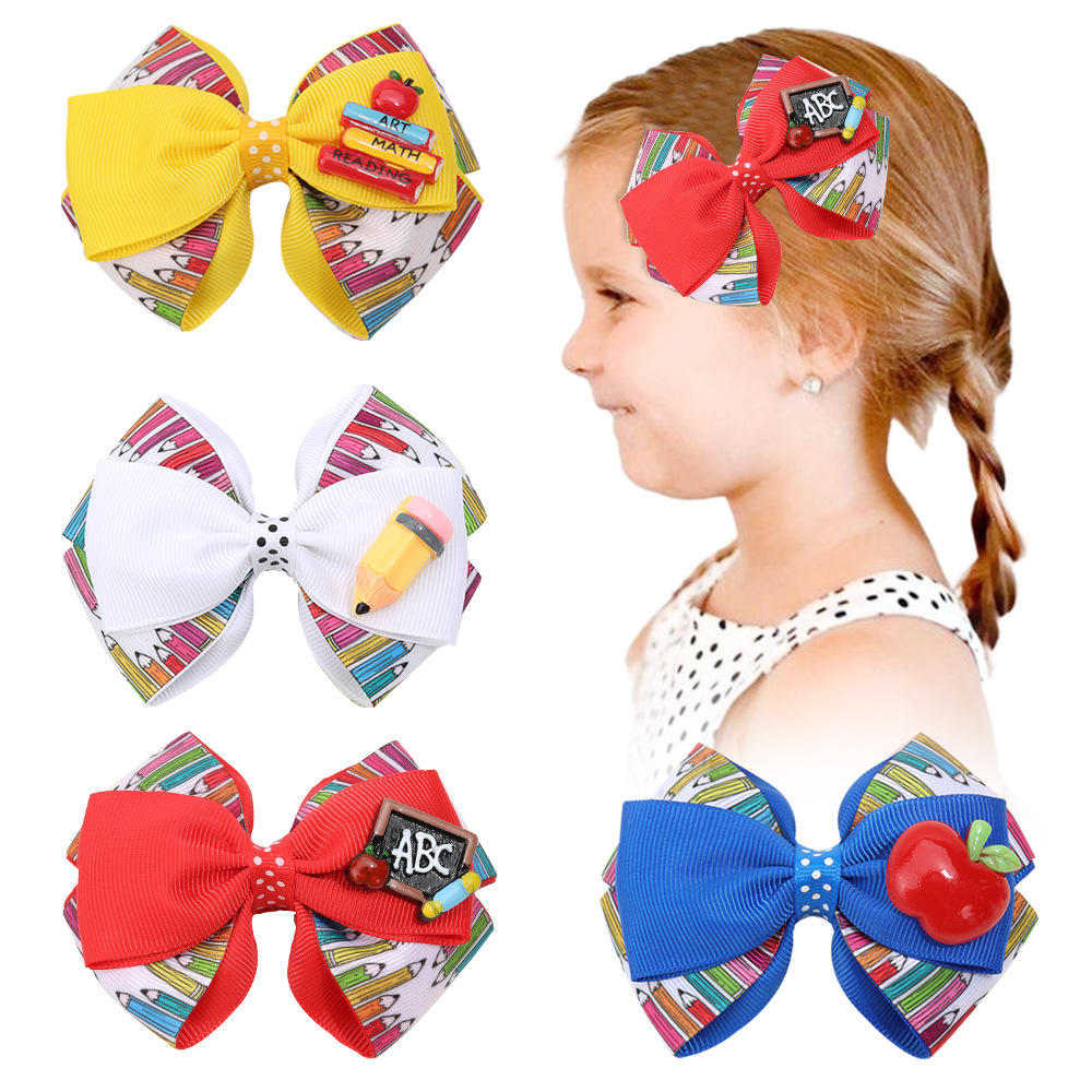 Cross-border Hot-selling Children's Bow Hairpin Back-to-school Season Kindergarten Headwear Cartoon Pencil Rib Ribbon Hairpin