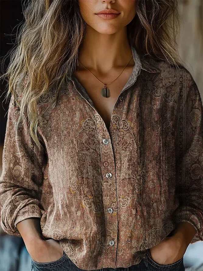 2025 Cross-border European and American Foreign Trade Women's Spring and Summer New Retro Printed Long-sleeved Casual Shirt Imitation Cotton and Linen Shirt