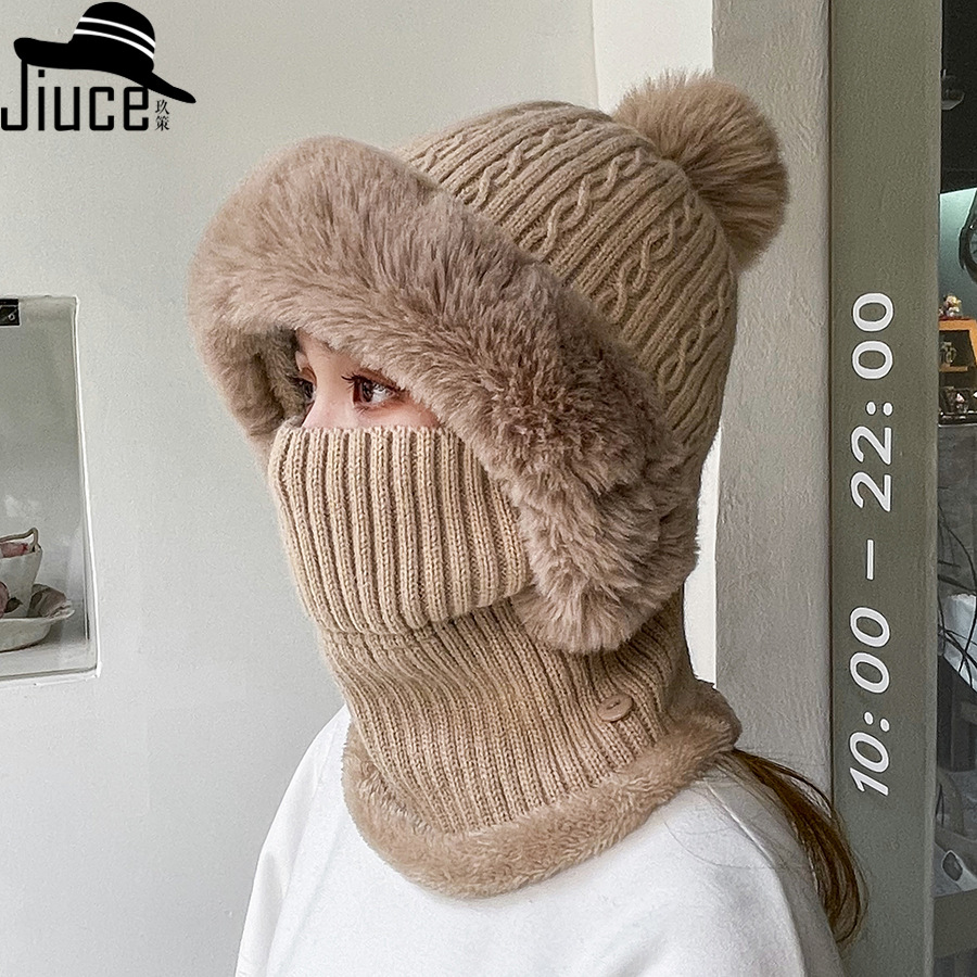 Cross-border Autumn and Winter New Twist Striped Knitted Hat Scarf Siamese Fleece Kit Warm Ear and Neck Protection against Cold Wave