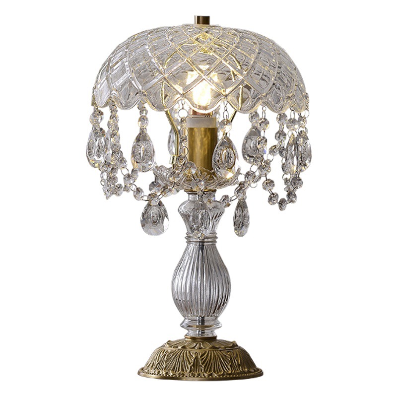 Trendy Girl's Bedside Table Lamp, Light Luxury Simple Modern Bedroom Living Room French Retro Crystal Copper Lamp, Atmosphere Lamp