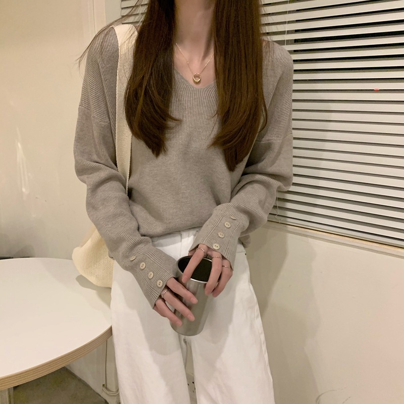 2021 Early Autumn and Winter Basic Fashionable All-match Slim Look Korean Loose V-neck Sweater Long Sleeve Pullover Sweater