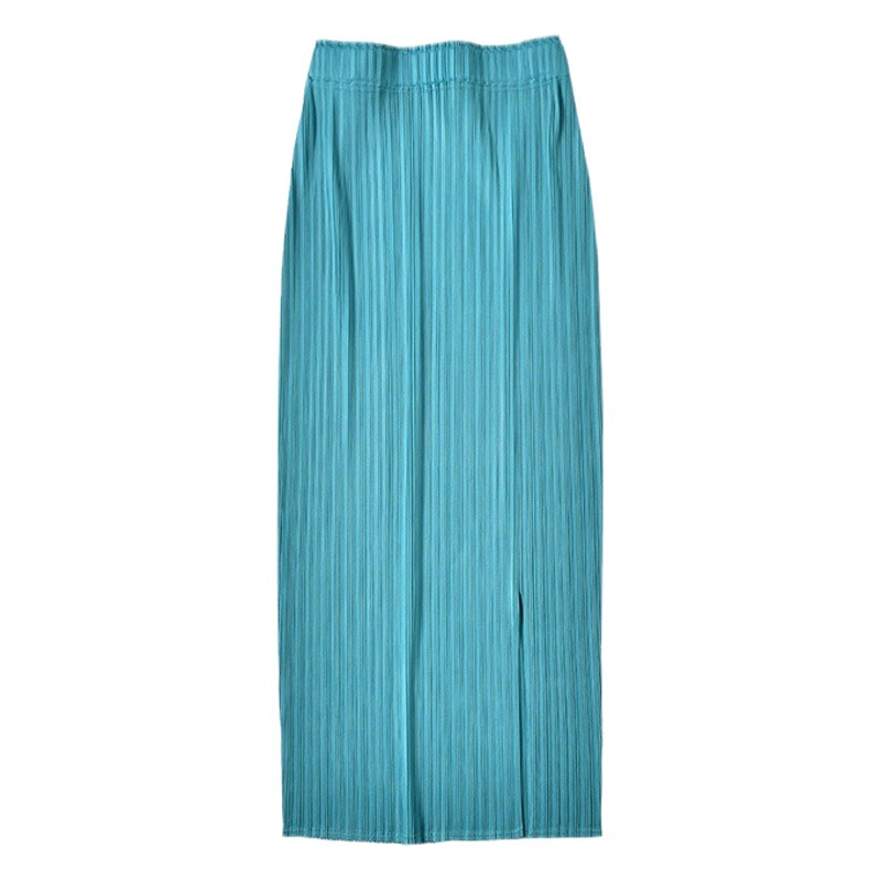 Miyake Petite High-Waisted Skirt Mid-Length Slit Dark Blue Pleated Skirt Elastic Waist Skirt Trendy Workplace