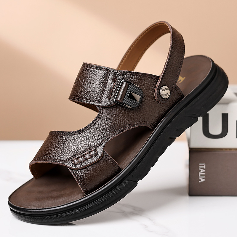 Genuine Leather Sandals Men's Trendy Top-Layer Cowhide Sandals Men's Non-Slip Wear-Resistant Soft Sole Slippers for Middle-Aged and Elderly Dad's Shoes