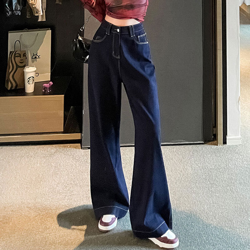 Leather Brand Design Sense Autumn High Waist Jeans Women's Loose All-match Tannin Blue Niche Straight Leg Long Pants