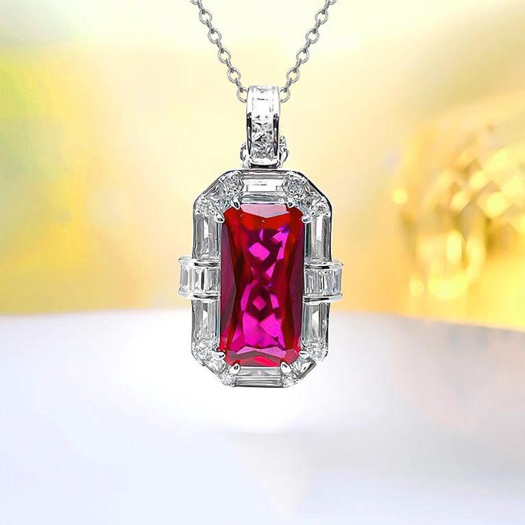 Heavy Industry Luxury High-grade Long Square Red Corundum Pendant Inlaid with High Carbon Diamond Blue Pointed Crystal Ring Earrings Caibao suit Women