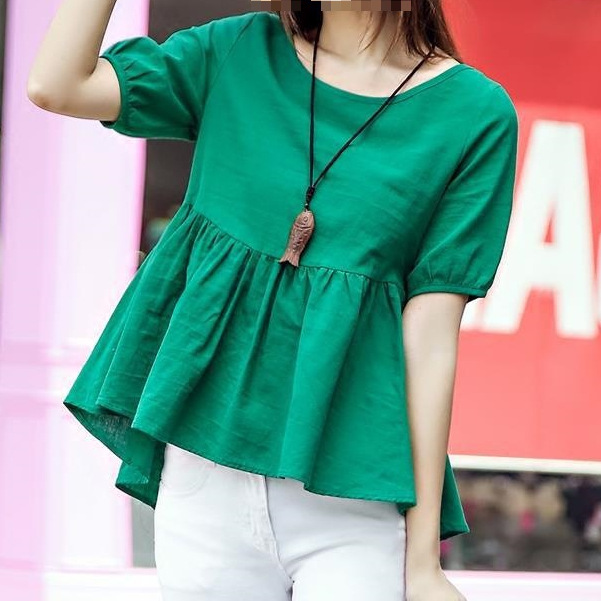 Babydoll Shirt Short Top Women's Summer Short-Sleeved Loose Shirt Cotton and Linen Women