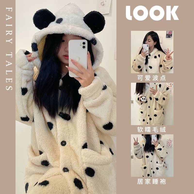Autumn and winter coral fleece pajamas women's new long nightgown fleece-lined thickened flannel home clothing suit cross-border wholesale