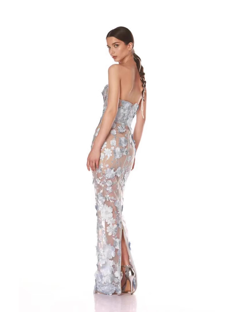 Blue Dress Handmade Embroidered Flower Strapless dress French Entry Luxury Backless Waist Dress for Celebrity Banquet