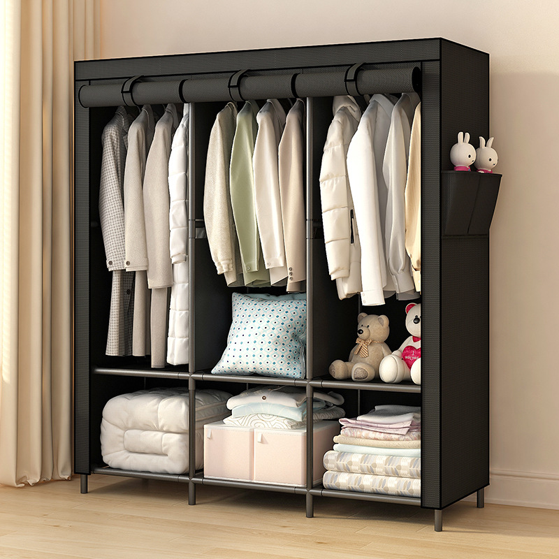 Amazon Cross-Border Wardrobe Home Bedroom Simple Assembly Cloth Wardrobe Rental Room with Thickened Steel Pipe Reinforced Dormitory