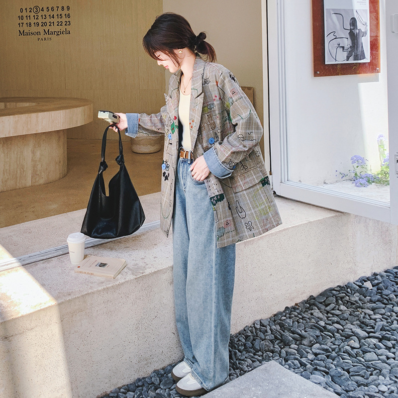 Picture of Gray Plaid Blazer for Women Spring & Fall 2025 New Design Street Loose Casual Graffiti Printed Suit
