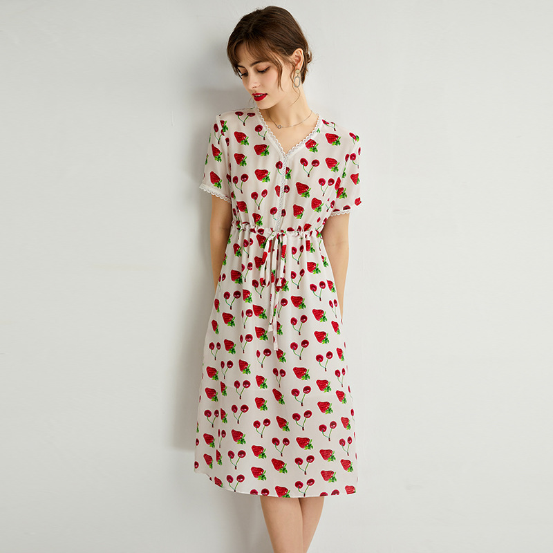Summer Skirt Tall French Style New Fashion V-neck Tight Waist Lace-up Slimming Elegant Mulberry Silk Silk Skirt