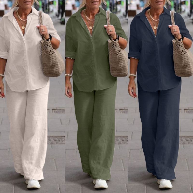 European and American Cross-border Women's Two-piece Women's 2024-collar Long-sleeved Shirt Spring and Autumn Casual Solid Color Pants Wide-leg suit