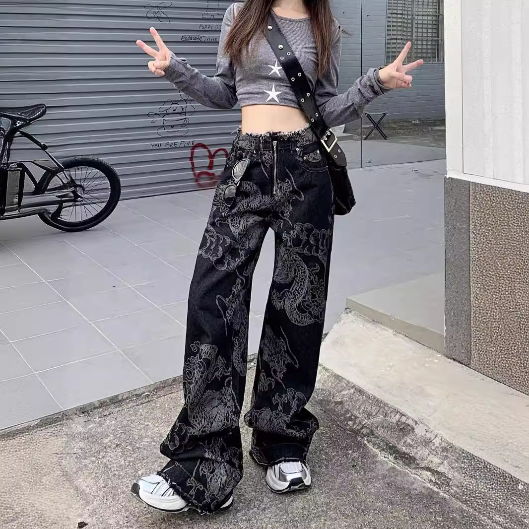 Picture of American National Trend Dragon Pattern Print Sense of Design Design Raw Edge Wide Leg Jeans for Women High Waist Loose Slimming Look Floor Mopping Pants
