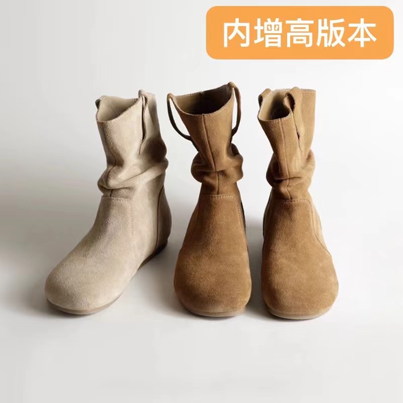 Genuine Leather Retro Inner Heightening Birkenstock Short Boots for Women Autumn and Winter Boots Round Toe Flats Bottom Short Tube Slimming Look Mid-Calf Pile Boots