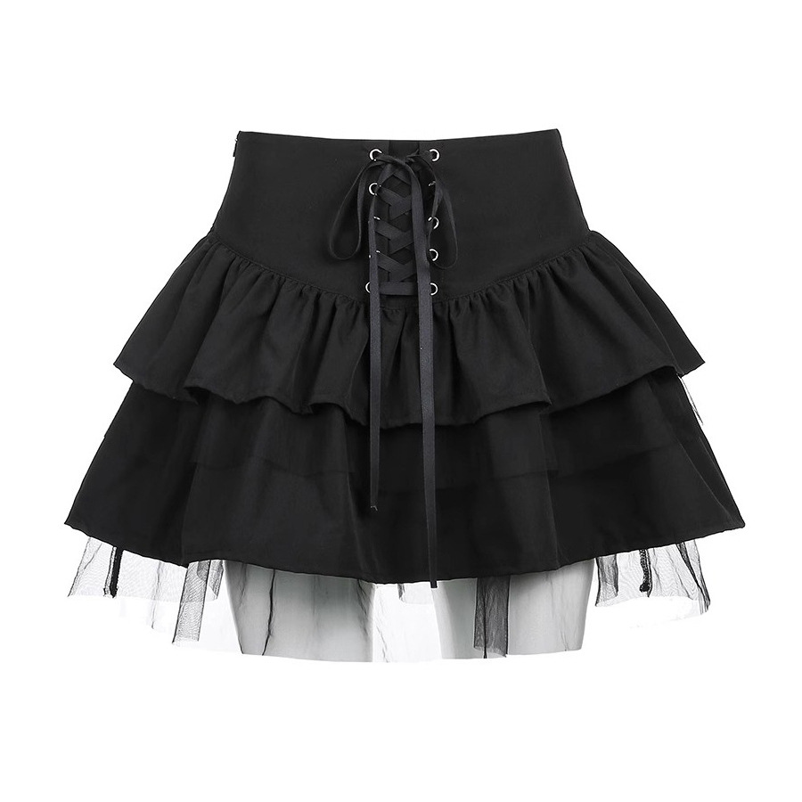 Dark Style Mesh Stitching Summer New High Waist Puffy Skirt Hot Girl All-match Lace-up Slimming Cake Skirt