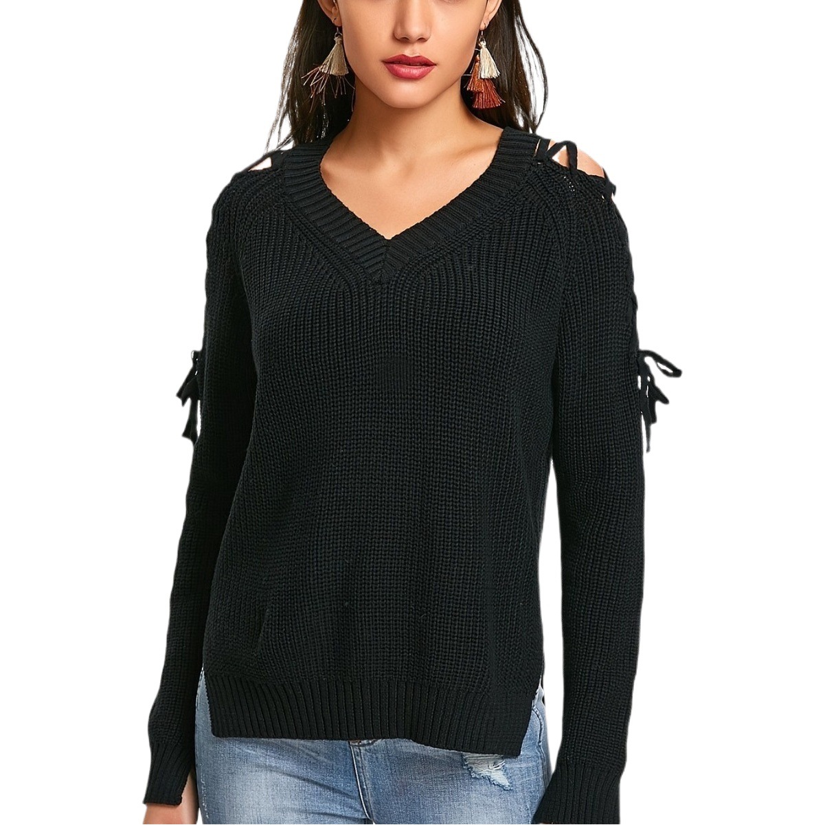Spring and autumn coat hollow-out knitted sweater women's pullover long sleeve lace-up loose V-neck bottoming top thin cross-border