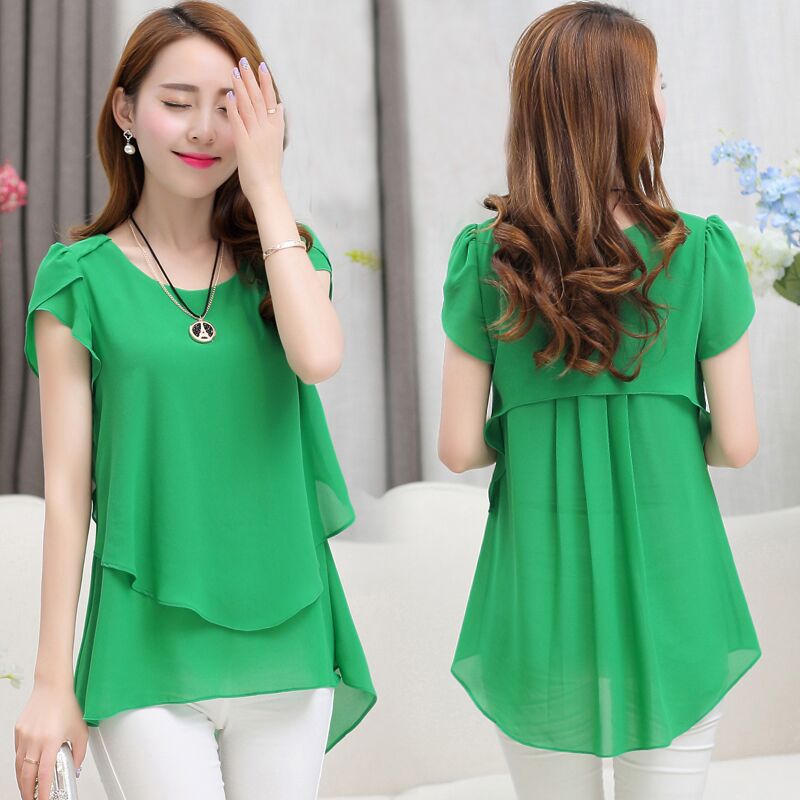 Picture of Foreign Trade Summer New Korean Style Slim-fit Mid-length Short-sleeved Chiffon Top Large Size Loose Base Shirt Women's Small Shirt
