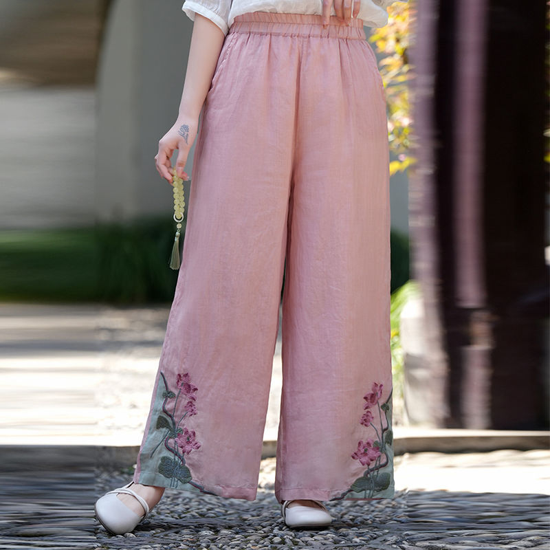 Summer Guofeng New Arrival Women's Chinese Style Pants Loose Comfortable Casual Pants with Embroidered Embroidery and Cotton Linen Retro Wide Leg Pants