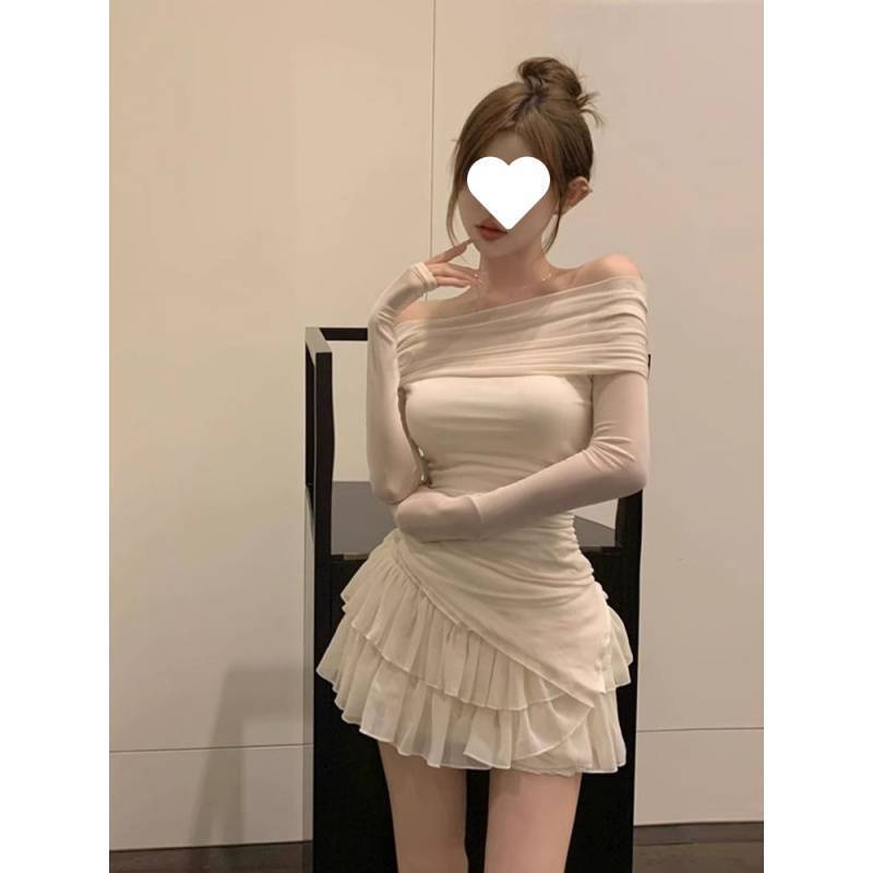 Pure Sweet Spicy Dress Women's Slim Fairy Slim Long-Sleeved Shoulder Top High Waist Cake Skirt Two-Piece Set