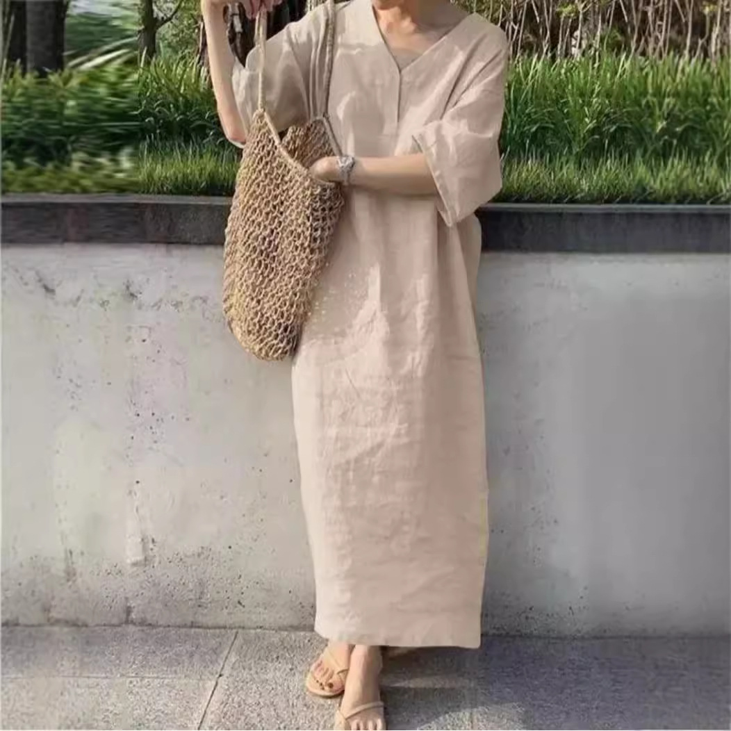 2024 New Summer Pure Color Cotton and Linen Dress Loose Literary Large Size Belly-Covering Slimming Look Five-Quarter Sleeve Slit Long Skirt