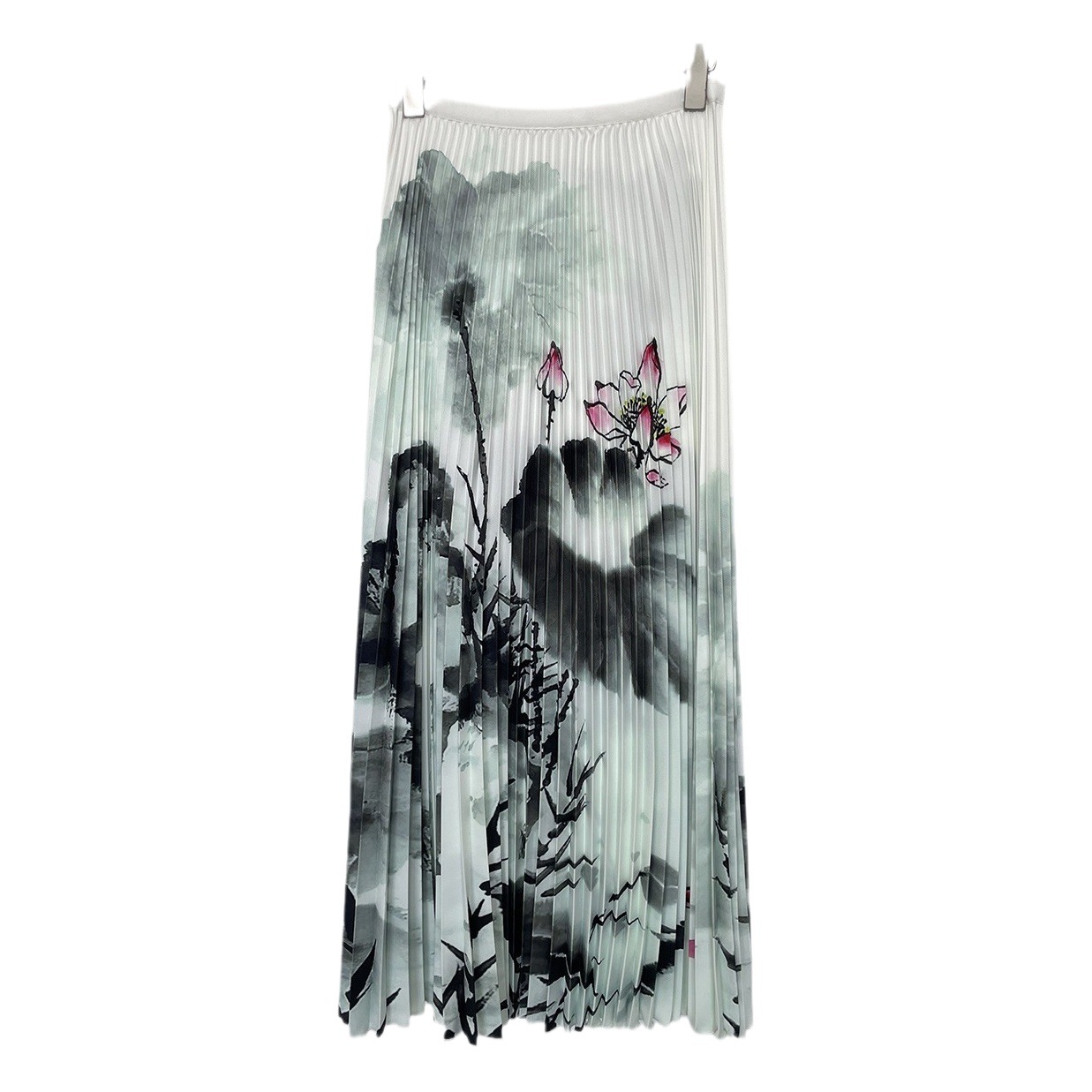 Chinese Style Ink Painting Fashion Casual Suit Elegant Printed Long-Sleeved Top High Waist Slim Pleated Skirt