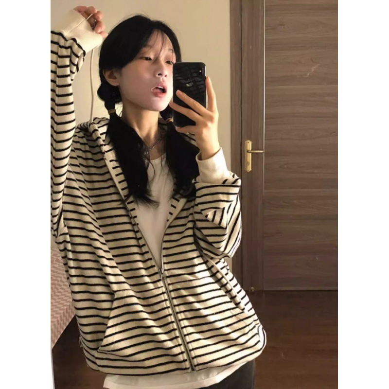 Striped sweater design zipper cardigan hooded female student coat 2024 spring autumn winter new fashion