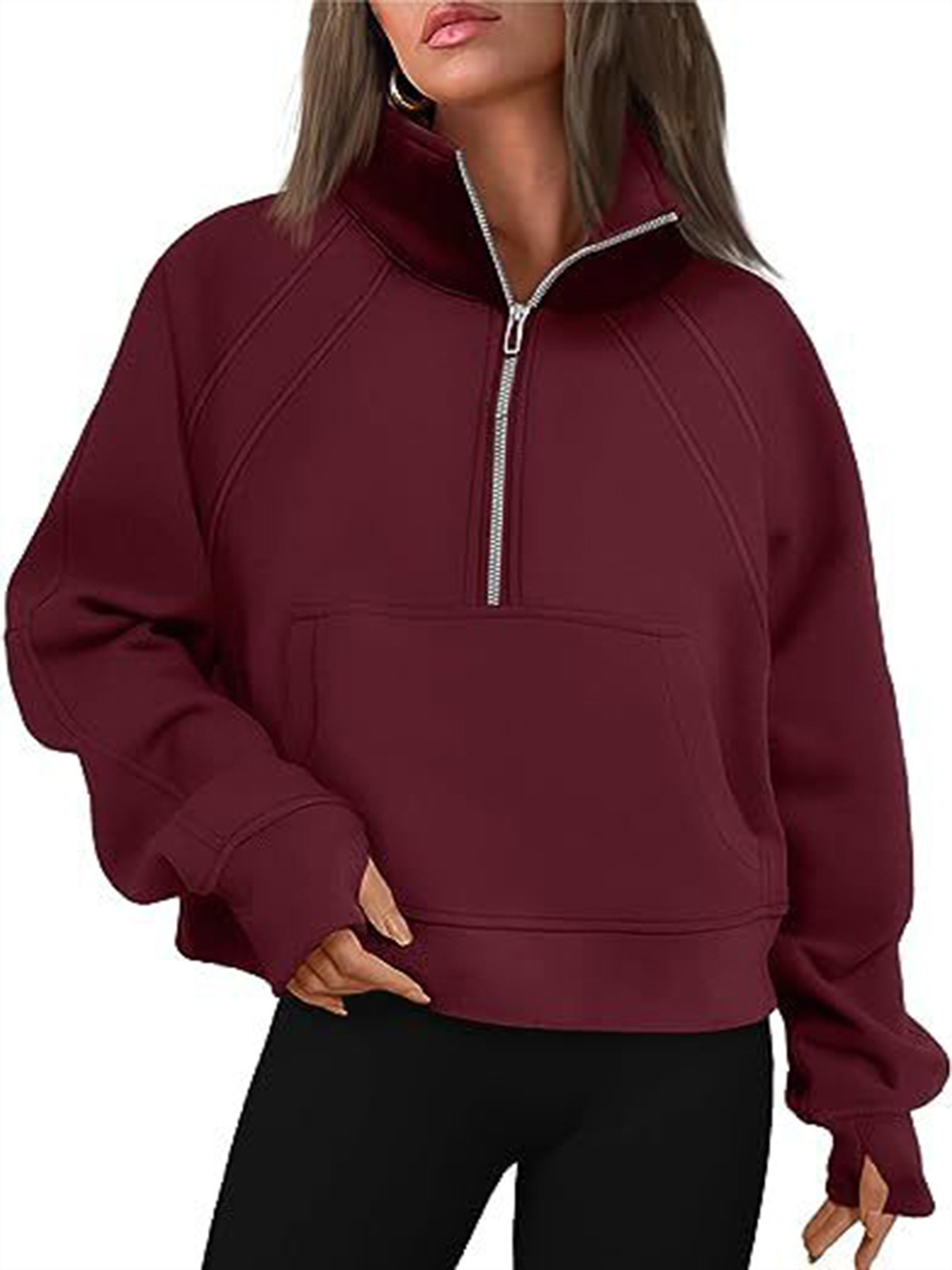 European and American Autumn and Winter New Amazon Women's Solid Color Casual Zipper Top Pocket Long Sleeve Vertical Collar Pullover Sweat Women