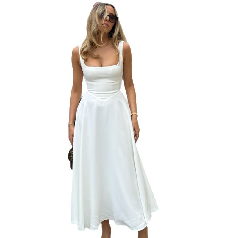 Picture of Foreign Trade Amazon 2025 Summer New European and American Women's Elegant Square Collar Sleeveless Waist Sling dress Women