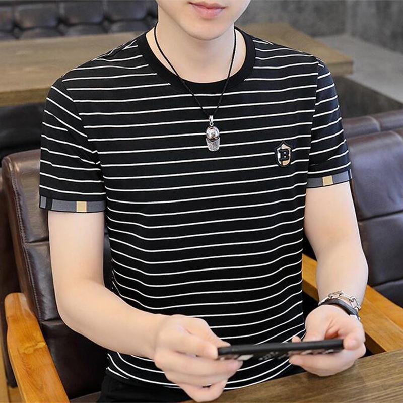 New T-shirt Striped Short-sleeved Men's Top Casual Half-sleeved T-shirt for Summer Ice Silk High-end Trendy Brand T-shirt POLO
