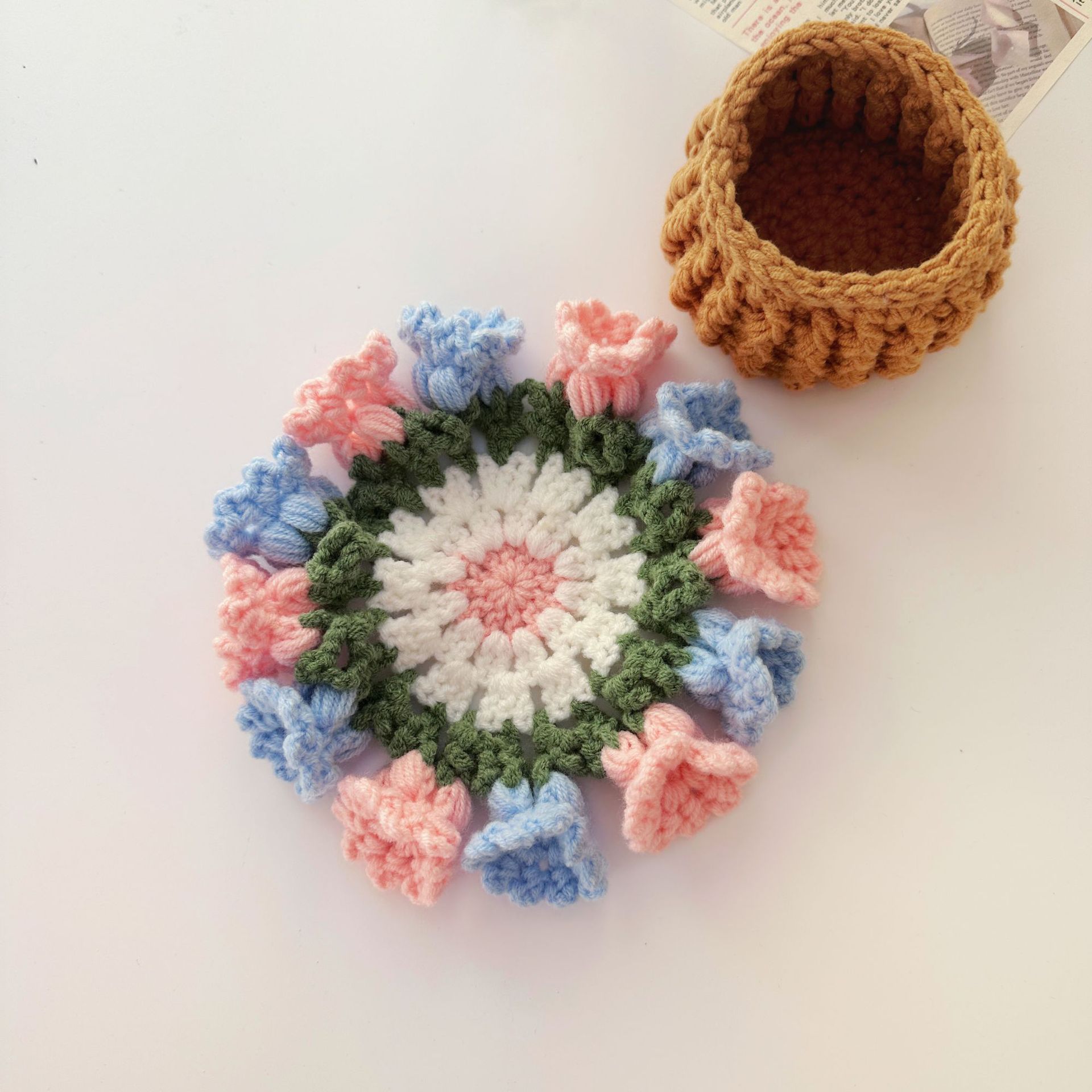 Picture of Beginner Handmade Weaving DIY Materials Kit, Yarn, Crochet, Lily of the Valley Gradient Coaster Gift for Girlfriend