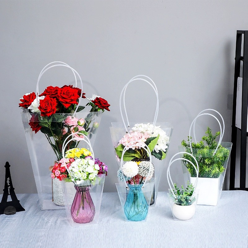 Flower Accompanied Shadow Trapezoidal through PVC Flower Handbag Waterproof OPP Plastic Square Gift Box Gift Bag Flower bouquet packaging bag