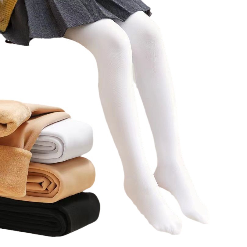 White leggings girls' children's pantyhose autumn and winter thickened fleece-lined stockings bare leg practice dancing dance socks.