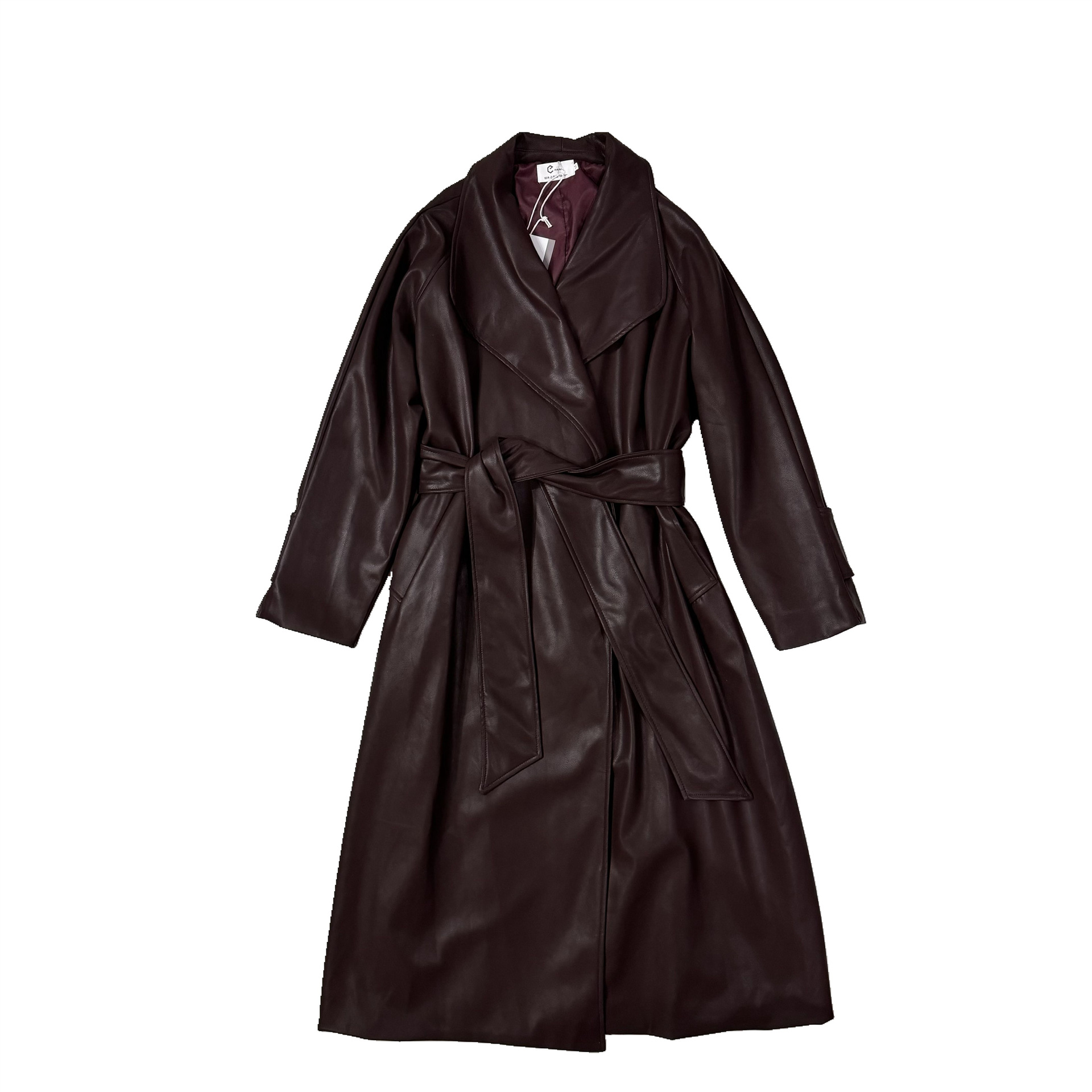 Picture of 2025 New Autum Style French Style Large Lapel Mid-Length Leather Outwear Women's Waist-Length Over-The-Knee Windbreaker Outwear