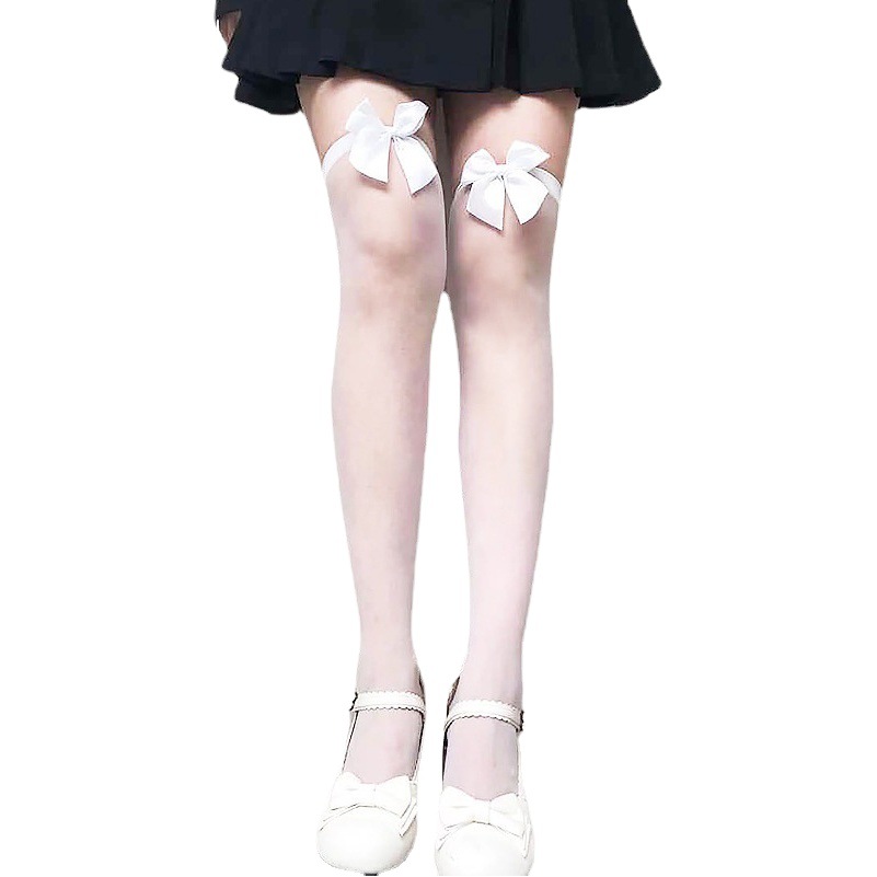 Summer Thin Bow Stockings White Over-the-Knee Stockings Women's Japanese Students Fun High-rise Half-black Silk Stockings