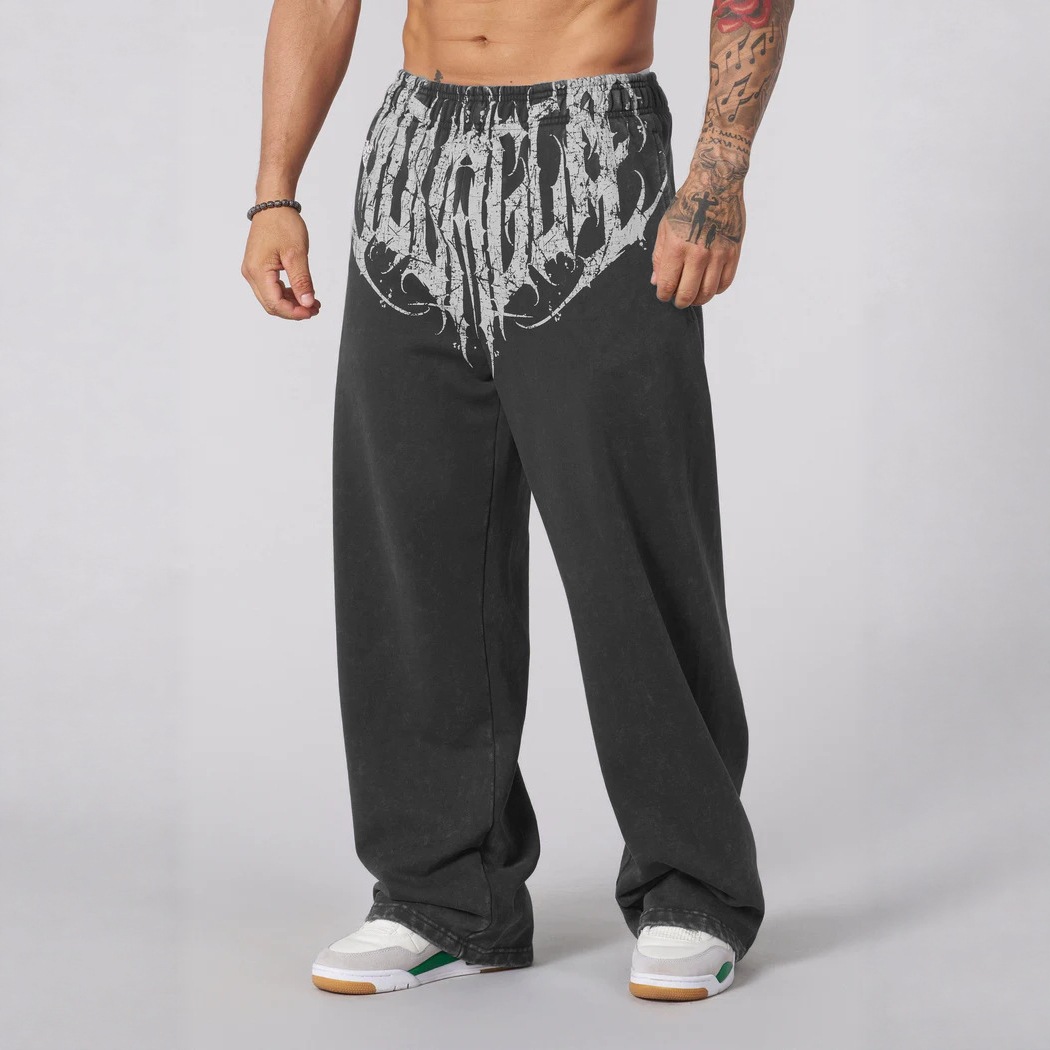 American Young Straight Wide-Leg Pants Men's Large Print Casual Sports Fitness Outdoor Training Trendy Brand Sweatpants