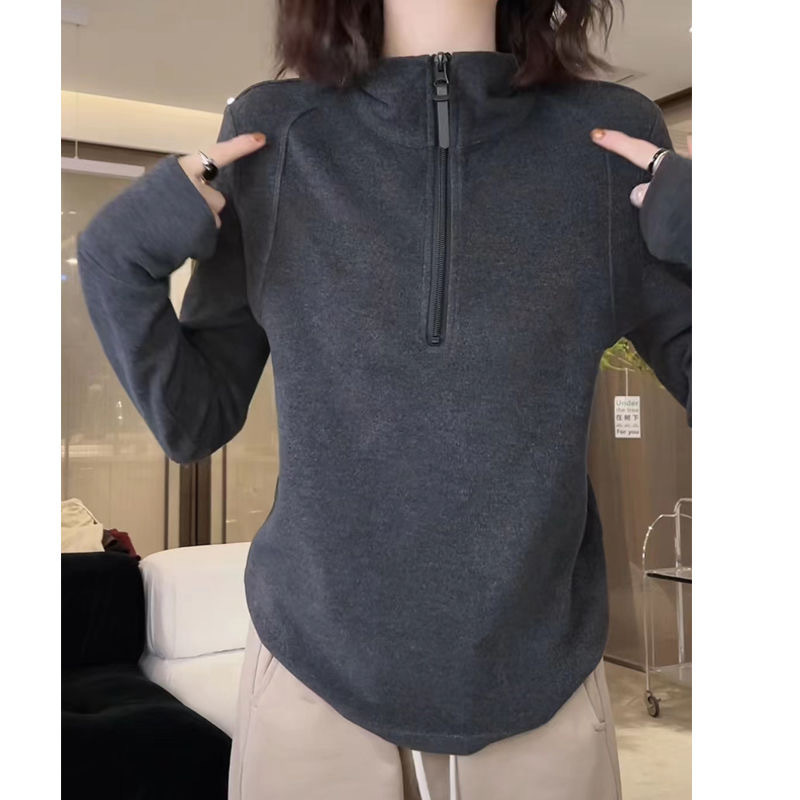 2025 Loose Autumn and Winter New Style German Velvet Stand-Up Collar Zipper Sweatshirt Women's Outer Wear Versatile Bottoming Shirt Layered Top Large Size