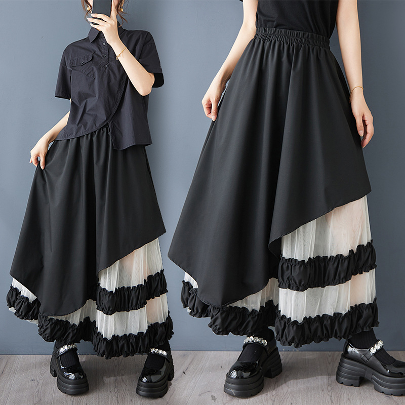 Real Shot Niche Design Sense Irregular Mesh Stitching Skirt Loose Casual Irregular High Waist A- Line Skirt