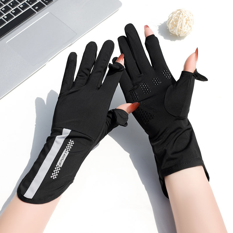 Picture of Summer sun protection gloves women's Thin Ice Silk UV-proof open finger touch screen driving riding non-slip mid-length breathable
