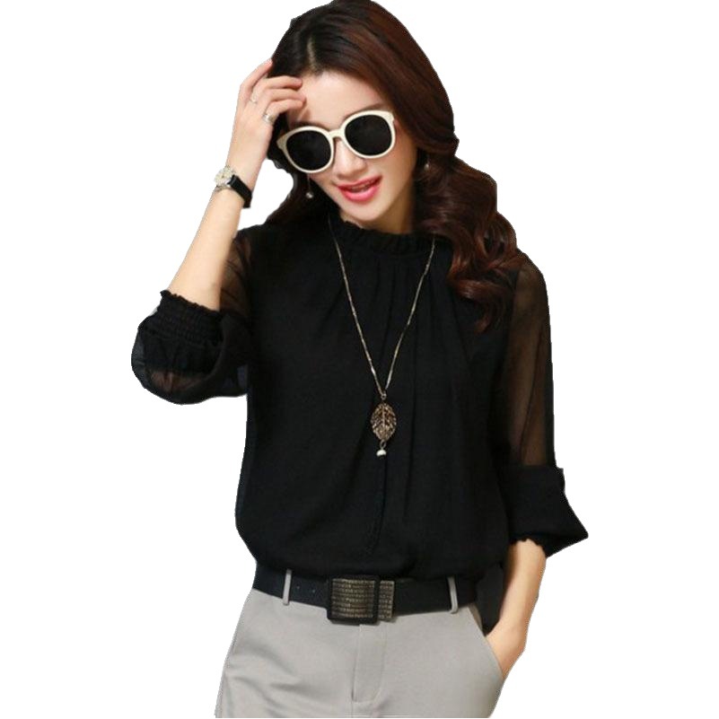 Autumn Lace Chiffon Shirt Large Size Women's Mesh Ruffled Collar Long Sleeve Base Top Shirt Necklace