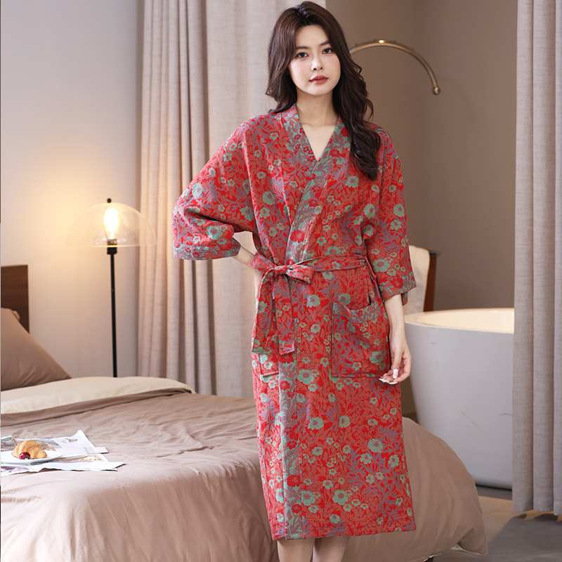 Picture of Class A Spring and Summer Thin Pajamas Pure Cotton Double Gauze Bathrobe Home Clothes Nightgown Couple's Water Absorbent Quick-drying Bathrobe