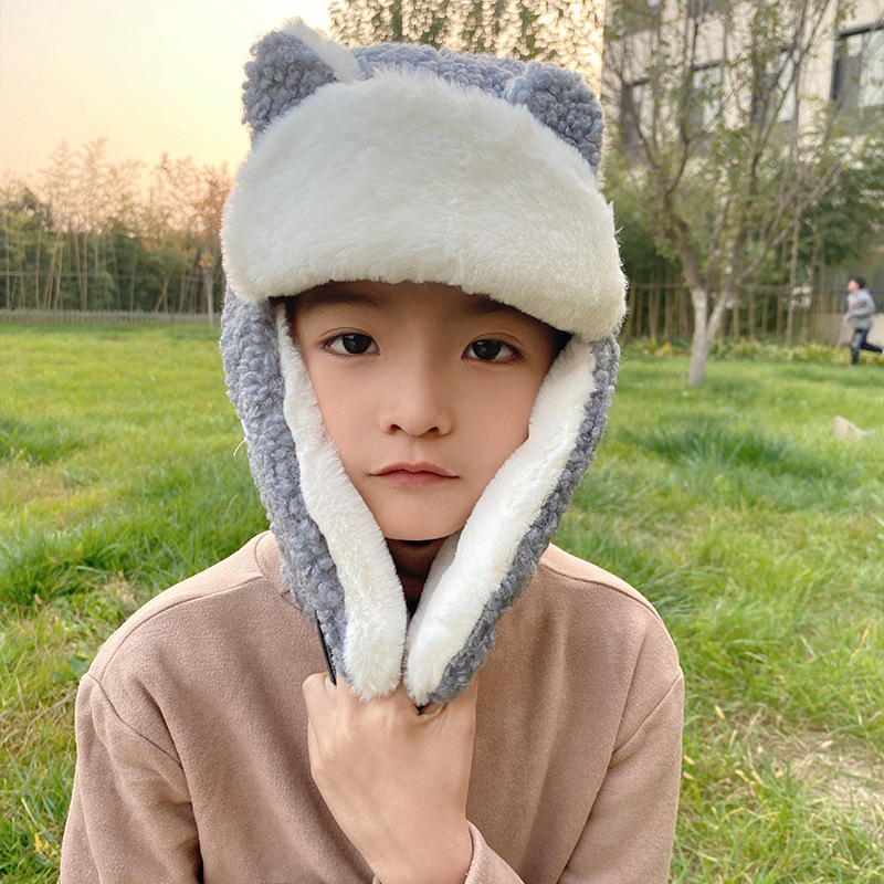 Picture of Children's Cat Ears Lei Feng Hat Women's Cute Autumn and Winter Cycling Windproof Hat Winter Warm Cotton Hat for Primary School Students